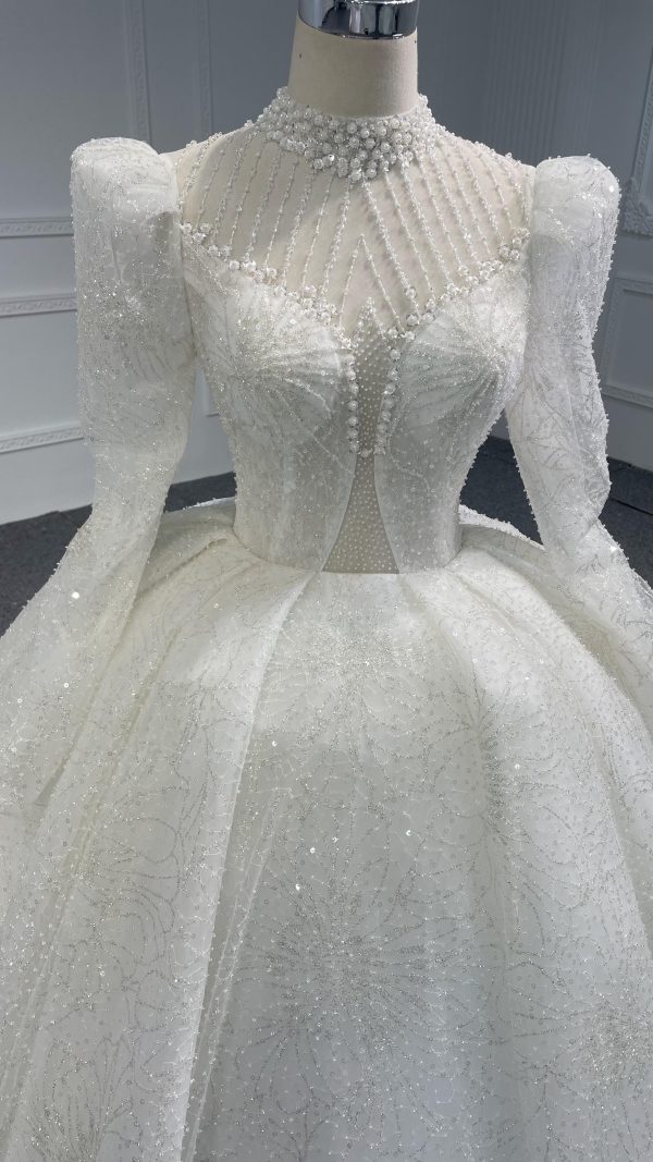 BYG-#Z081-Long-sleeved high-necked sexy beaded sequins long tail wedding dress - Image 3