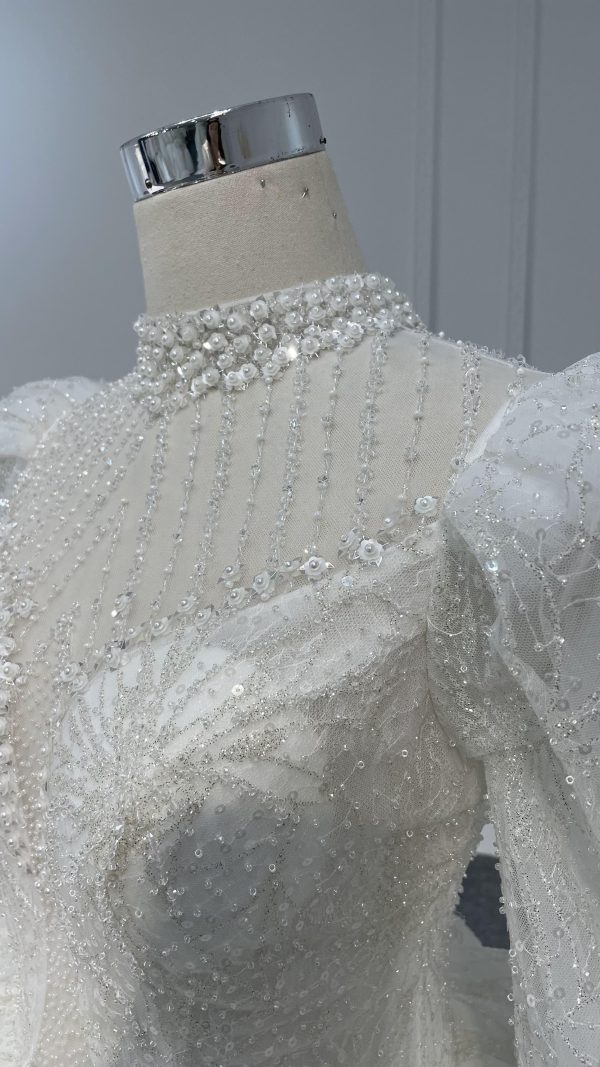 BYG-#Z081-Long-sleeved high-necked sexy beaded sequins long tail wedding dress - Image 2