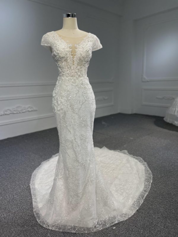 BYG-#Z080-Covered Shoulder Lace Beaded Mermaid Wedding DressBYG-Short Sleeve - Image 3