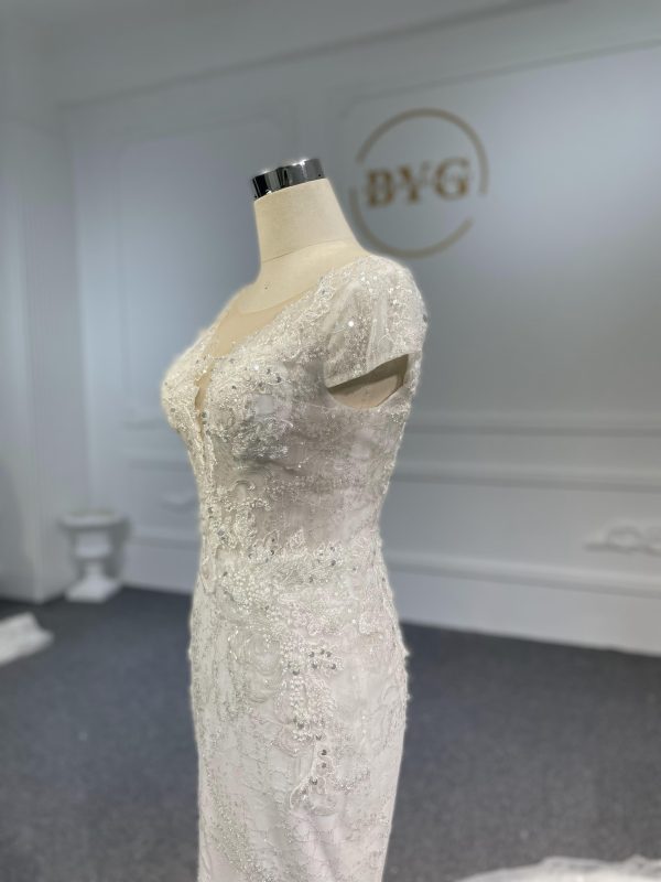 BYG-#Z080-Covered Shoulder Lace Beaded Mermaid Wedding DressBYG-Short Sleeve - Image 4