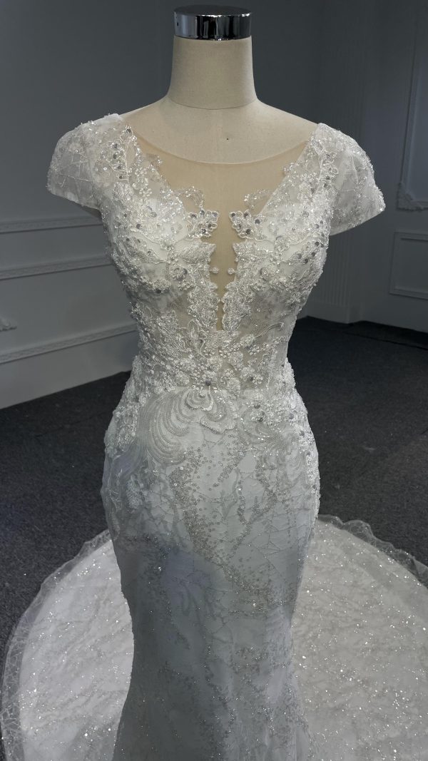 BYG-#Z080-Covered Shoulder Lace Beaded Mermaid Wedding DressBYG-Short Sleeve - Image 2
