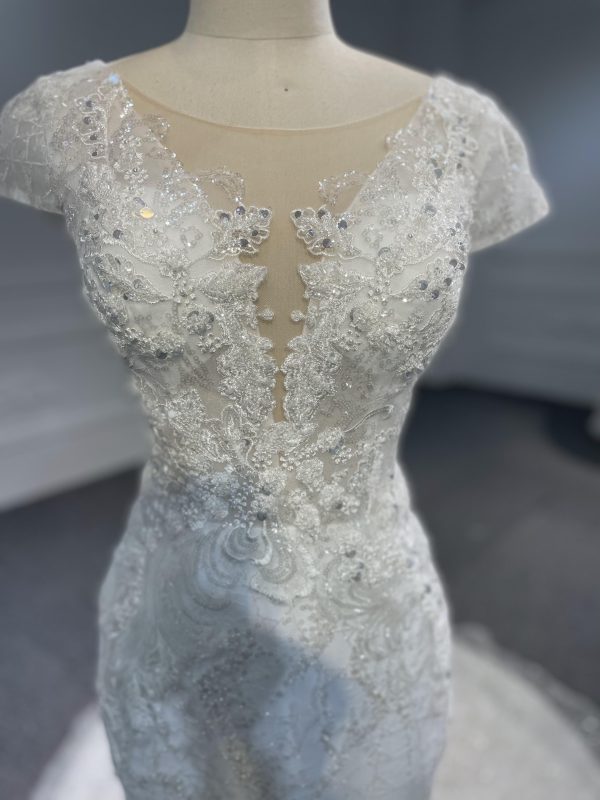 BYG-#Z080-Covered Shoulder Lace Beaded Mermaid Wedding DressBYG-Short Sleeve - Image 5