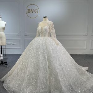 BYG-#Z083-Long-sleeved high-neck hand-beaded sequins with large swing and long tail wedding dress