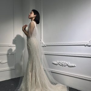 LB04- Tulle shawl open back nude color mermaid dress