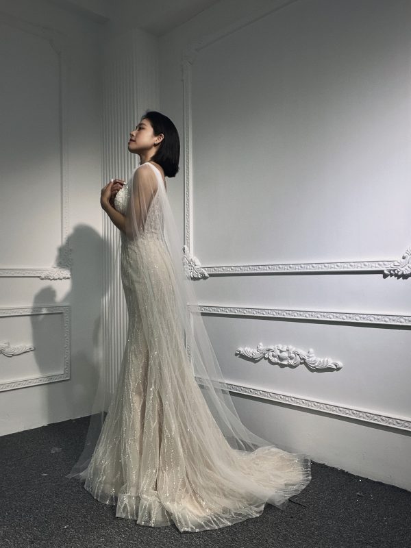 LB04- Tulle shawl open back nude color mermaid dress