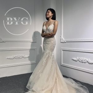 LB01- Heavy beading Lace nude color mermaid dress