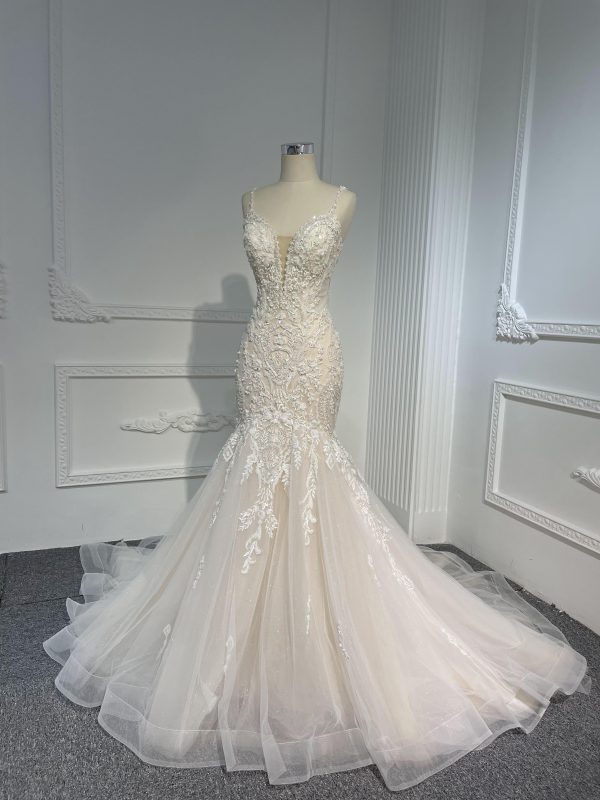LB01- Heavy beading Lace nude color mermaid dress - Image 2