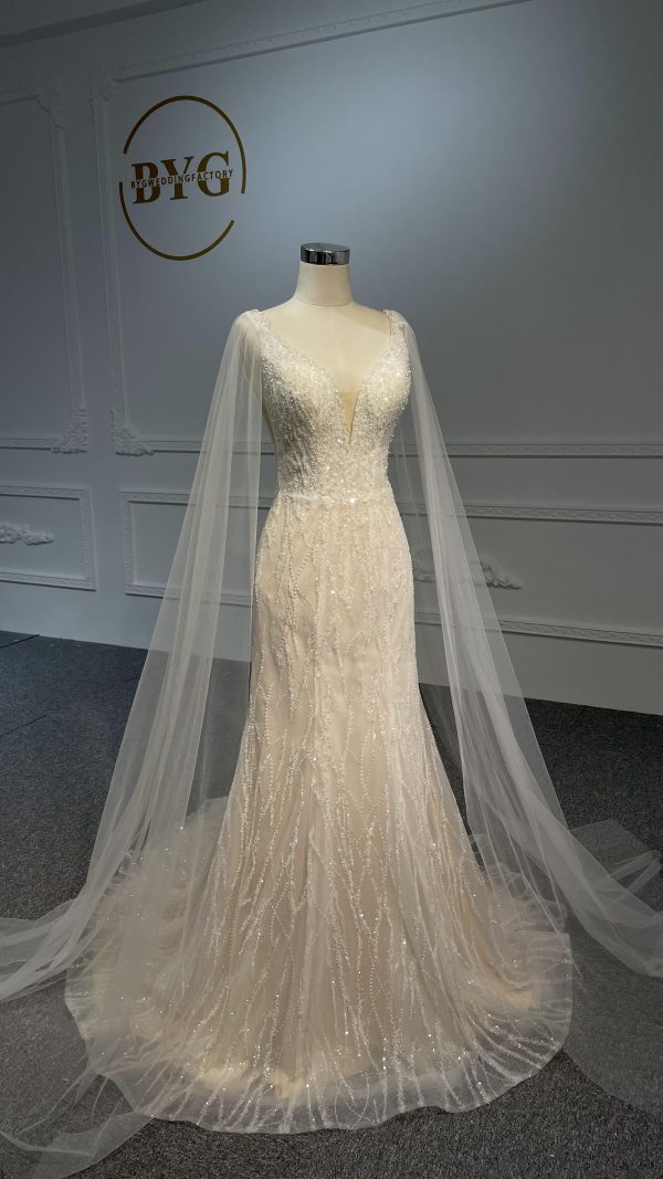 LB04- Tulle shawl open back nude color mermaid dress - Image 2