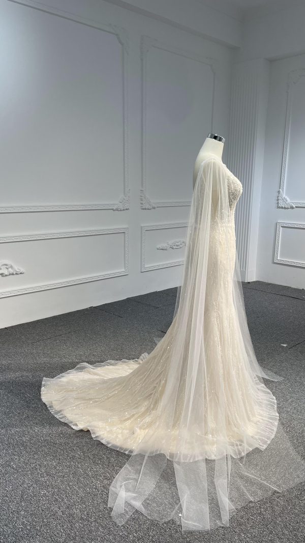 LB04- Tulle shawl open back nude color mermaid dress - Image 4