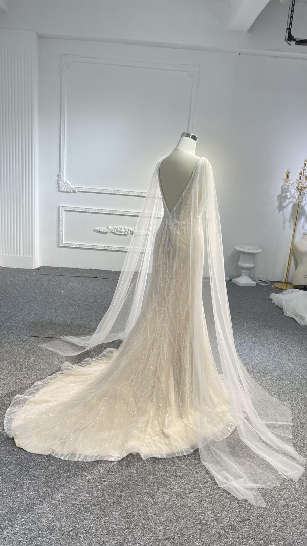 LB04- Tulle shawl open back nude color mermaid dress - Image 5