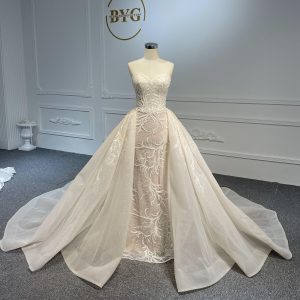 LB02- New beading lace nude color mermaid dress with simple detachable train