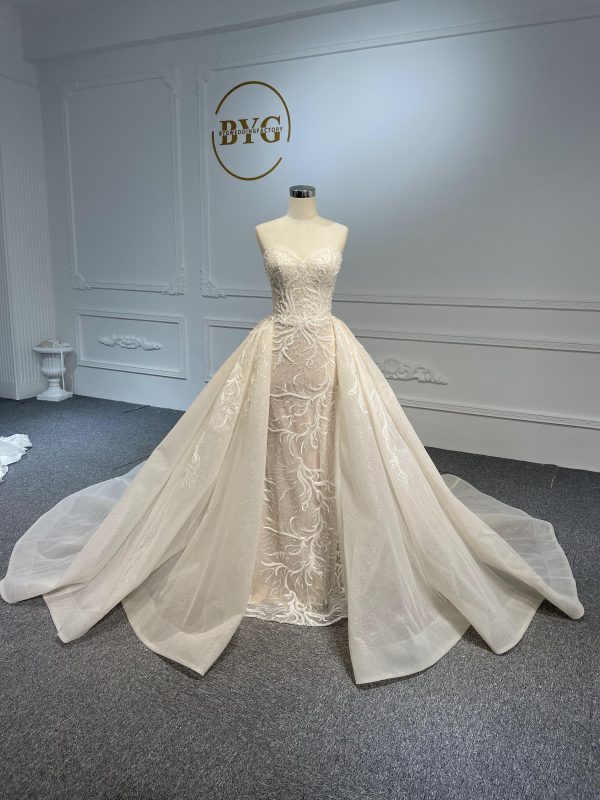 LB02- New beading lace nude color mermaid dress with simple detachable train