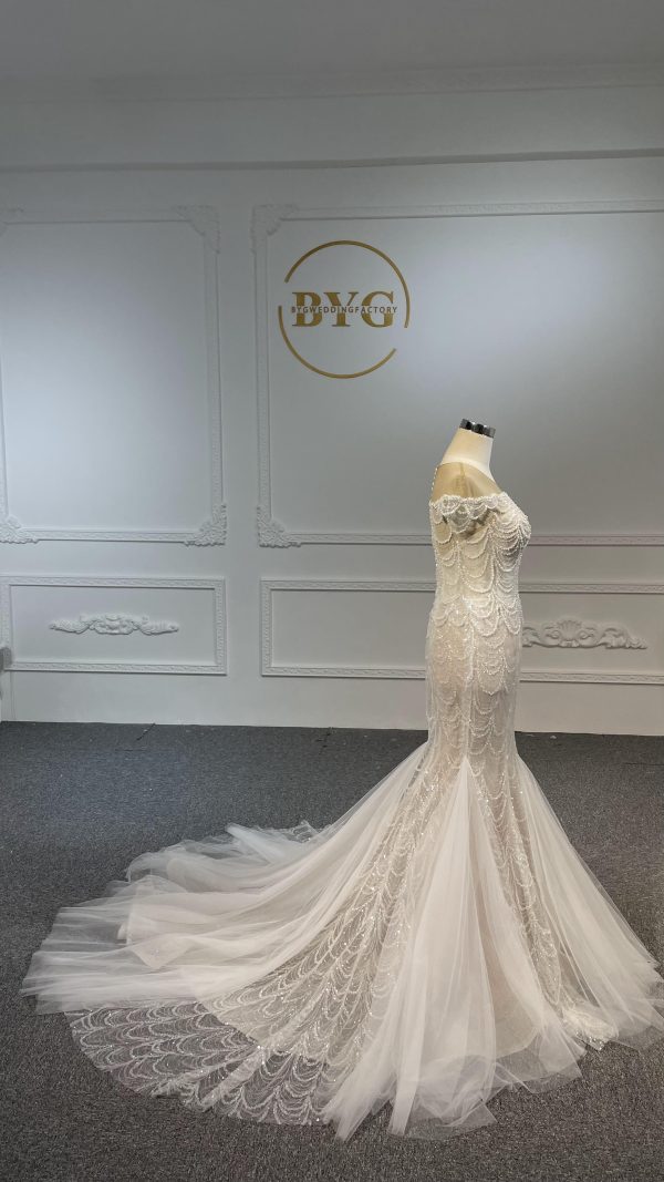 LB05- Long tulle tail nude color mermaid dress with heavy beading lace - Image 3