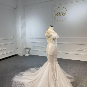 LB05- Long tulle tail nude color mermaid dress with heavy beading lace