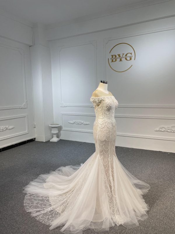 LB05- Long tulle tail nude color mermaid dress with heavy beading lace