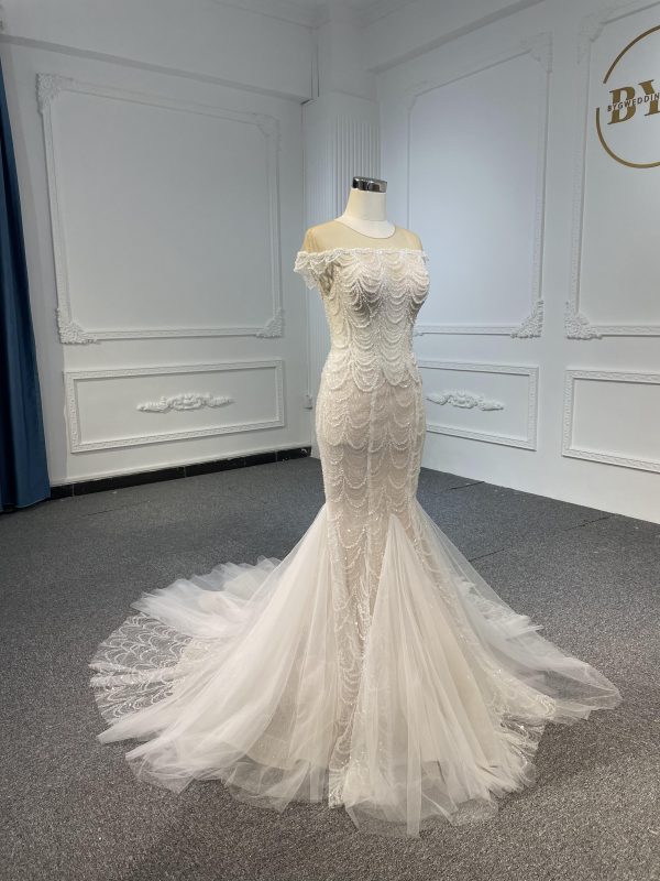 LB05- Long tulle tail nude color mermaid dress with heavy beading lace - Image 4