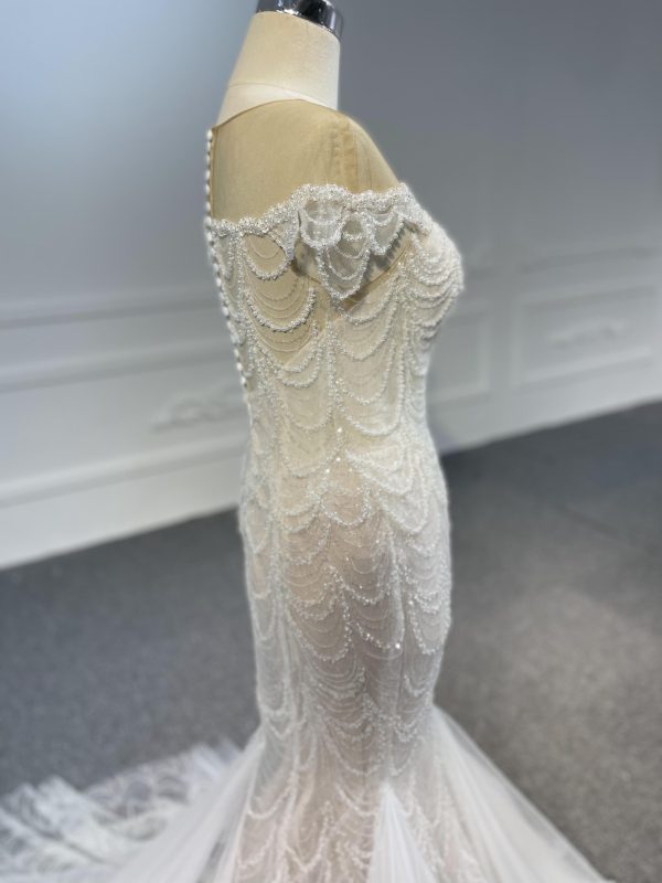 LB05- Long tulle tail nude color mermaid dress with heavy beading lace - Image 5