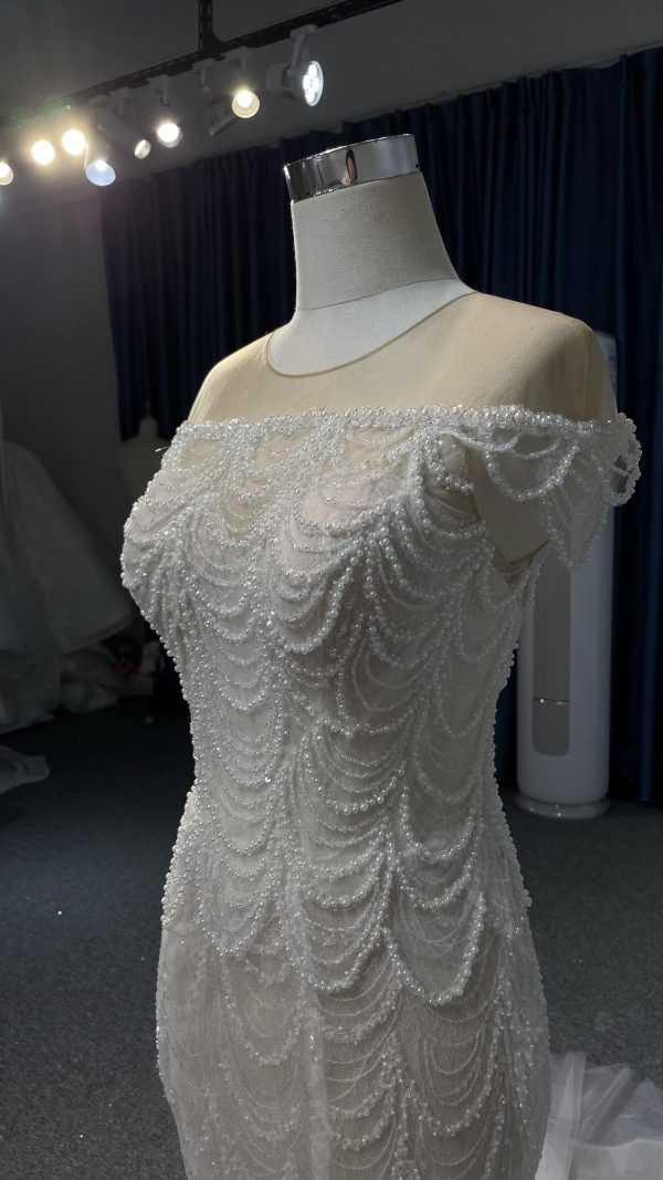 LB05- Long tulle tail nude color mermaid dress with heavy beading lace - Image 6