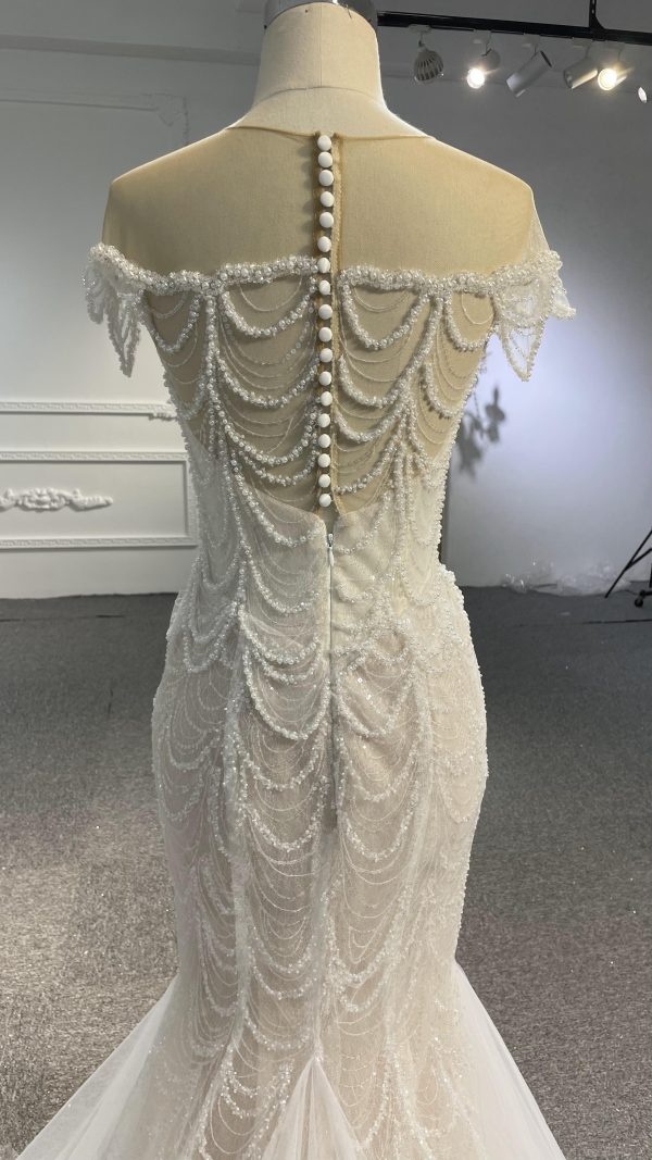 LB05- Long tulle tail nude color mermaid dress with heavy beading lace - Image 7
