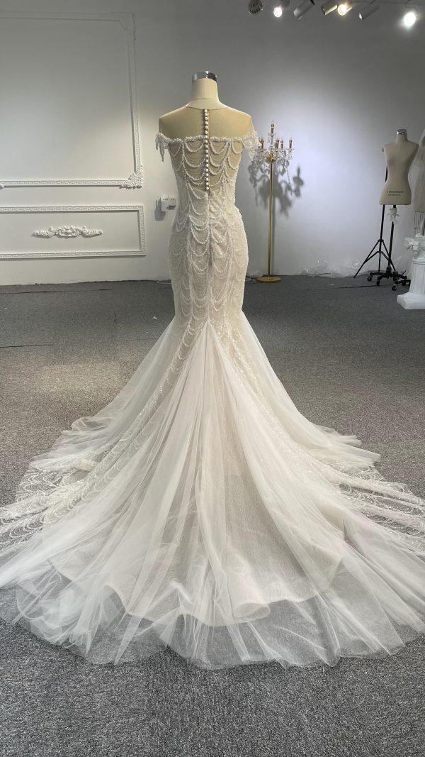 LB05- Long tulle tail nude color mermaid dress with heavy beading lace - Image 2