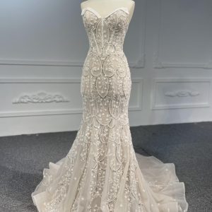 LB08- Vintage nude color satin neckline mermaid dress