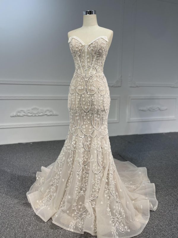 LB08- Vintage nude color satin neckline mermaid dress