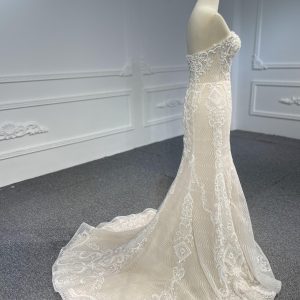 LB03- Sweetheart neckline nude color beading lace mermaid dress with detachable train