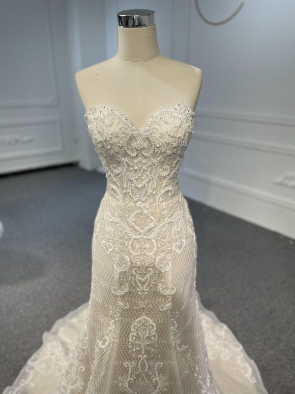 LB03- Sweetheart neckline nude color beading lace mermaid dress with detachable train - Image 2