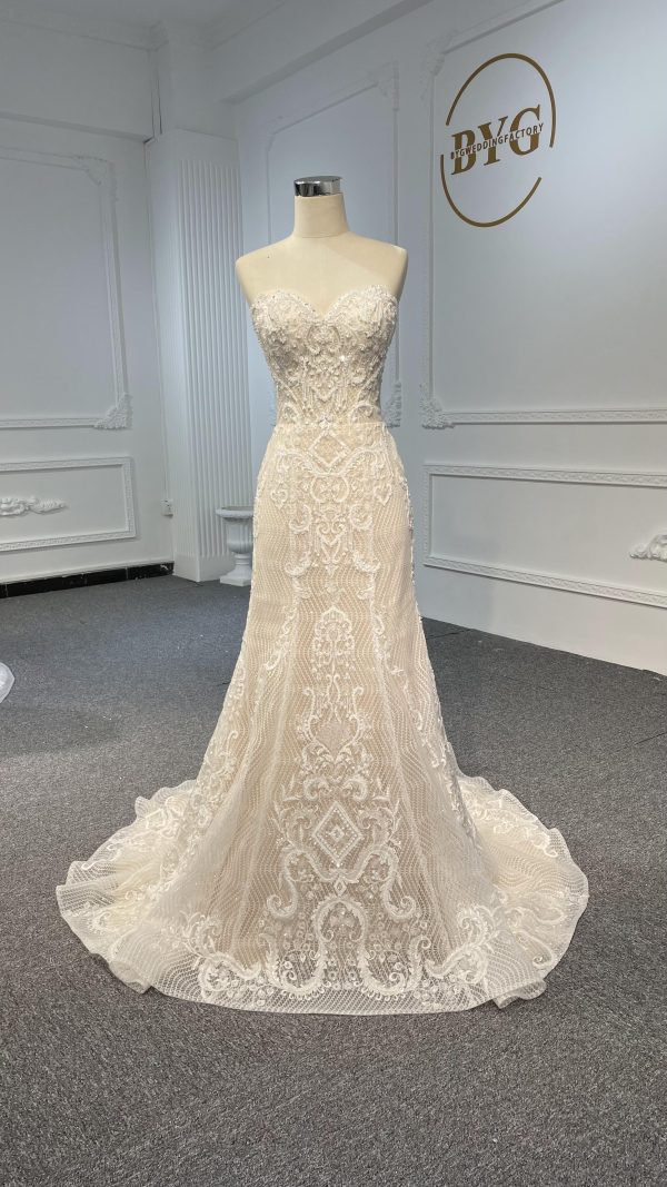 LB03- Sweetheart neckline nude color beading lace mermaid dress with detachable train - Image 3