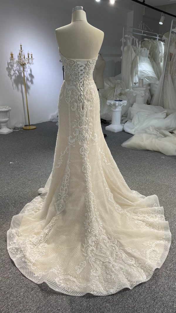 LB03- Sweetheart neckline nude color beading lace mermaid dress with detachable train - Image 4