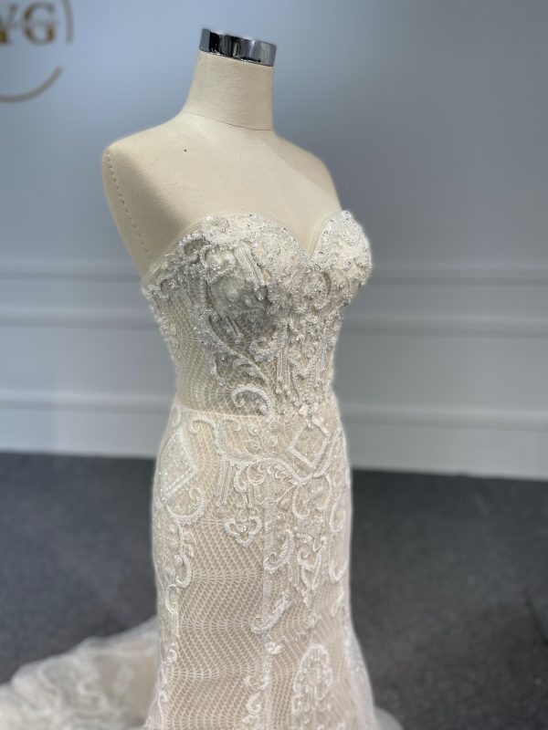 LB03- Sweetheart neckline nude color beading lace mermaid dress with detachable train - Image 5