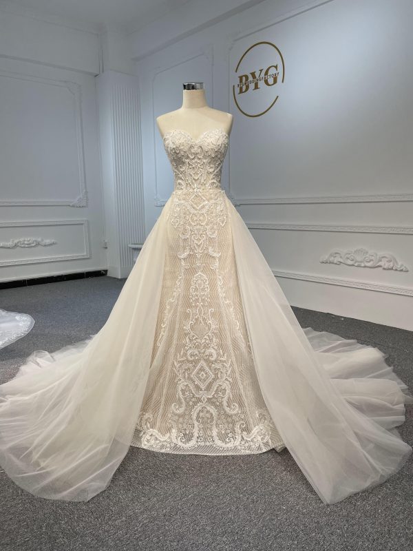 LB03- Sweetheart neckline nude color beading lace mermaid dress with detachable train - Image 7