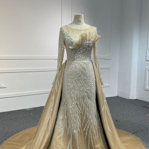 314A-BYG PREFECT FIT CORSET WITH PEARL CHAIN DESIGN & GLASS REFLECTION SEQUINS MERMAID DRESS WITH DETACHABLE TRAIN