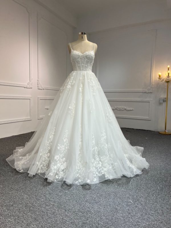 BYG#Y2304 LACE BEADINGS A LINE WEDDING DRESS WITH SMALL SHOULDER STRAP.