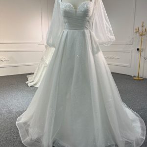 BYG #WL59 FULL LACE SEQUINS PUFF SLEEVES A-LINE DRESS