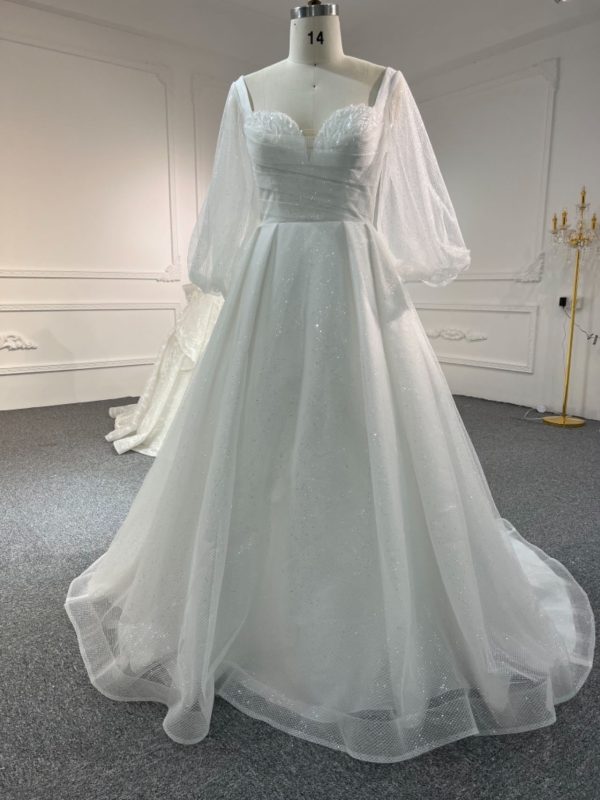 BYG #WL59 FULL LACE SEQUINS PUFF SLEEVES A-LINE DRESS