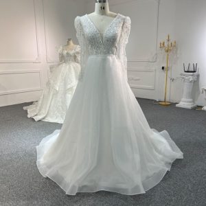 BYG #WL60 FULL LACE SEQUINS PUFF SLEEVES A-LINE DRESS