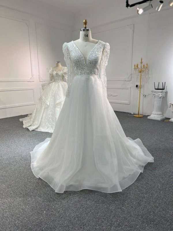 BYG #WL60 FULL LACE SEQUINS PUFF SLEEVES A-LINE DRESS