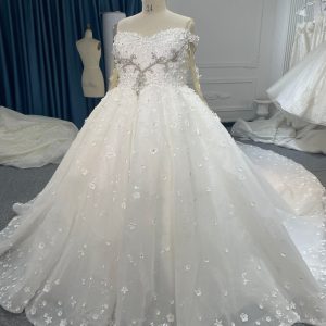 BYG007 OFF-SHOULDER HEAVY PEARL AND FLOWER SHAPE BEADING BALL GOWN with 2 meters