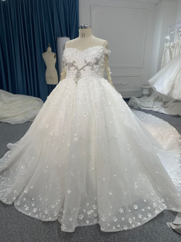 BYG007 OFF-SHOULDER HEAVY PEARL AND FLOWER SHAPE BEADING BALL GOWN with 2 meters