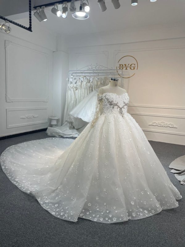 BYG007 OFF-SHOULDER HEAVY PEARL AND FLOWER SHAPE BEADING BALL GOWN with 2 meters - Image 2