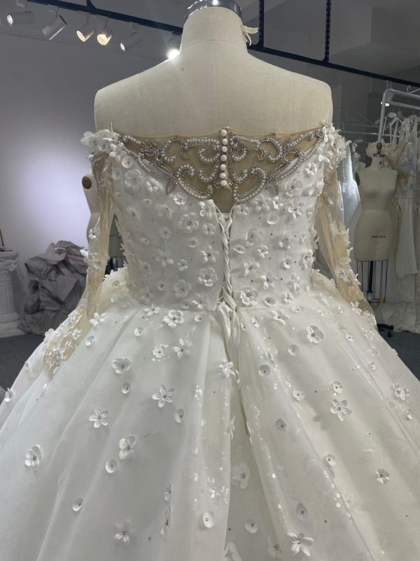 BYG007 OFF-SHOULDER HEAVY PEARL AND FLOWER SHAPE BEADING BALL GOWN with 2 meters - Image 7