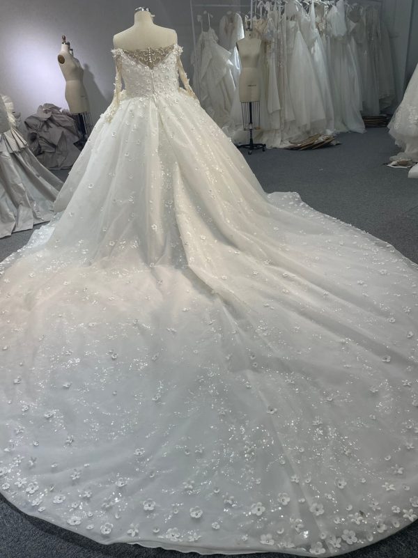 BYG007 OFF-SHOULDER HEAVY PEARL AND FLOWER SHAPE BEADING BALL GOWN with 2 meters - Image 6
