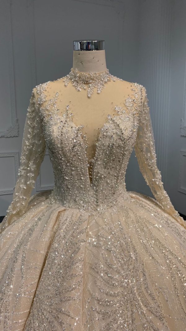 PD004- BYG CHAMPAGNE SWEETHEART NECKLINE BALL GOWN WITH LONG SLEEVES - Image 3