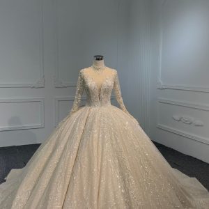PD004- BYG CHAMPAGNE SWEETHEART NECKLINE BALL GOWN WITH LONG SLEEVES