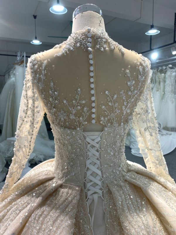 PD004- BYG CHAMPAGNE SWEETHEART NECKLINE BALL GOWN WITH LONG SLEEVES - Image 5