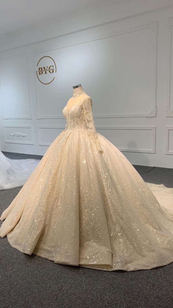 PD004- BYG CHAMPAGNE SWEETHEART NECKLINE BALL GOWN WITH LONG SLEEVES - Image 2
