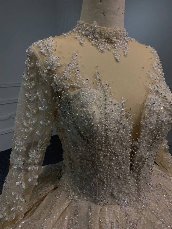 PD004- BYG CHAMPAGNE SWEETHEART NECKLINE BALL GOWN WITH LONG SLEEVES - Image 4