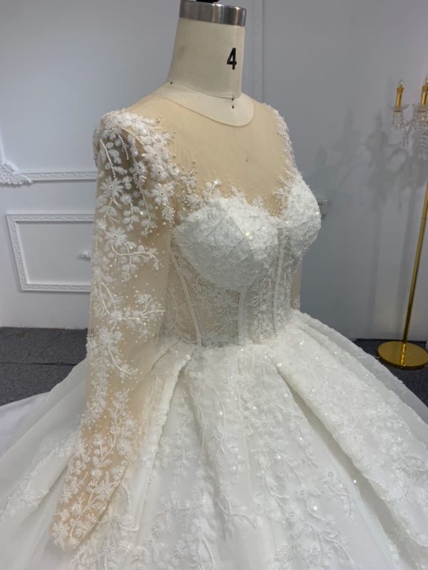PD009- BYG SHINY BEADING LACE BALL GOWN WITH LONG SLEEVES - Image 3