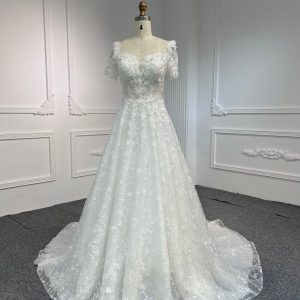 BYG#Y2325 Short-sleeved 3D lace flowers, luxurious beading, A-line